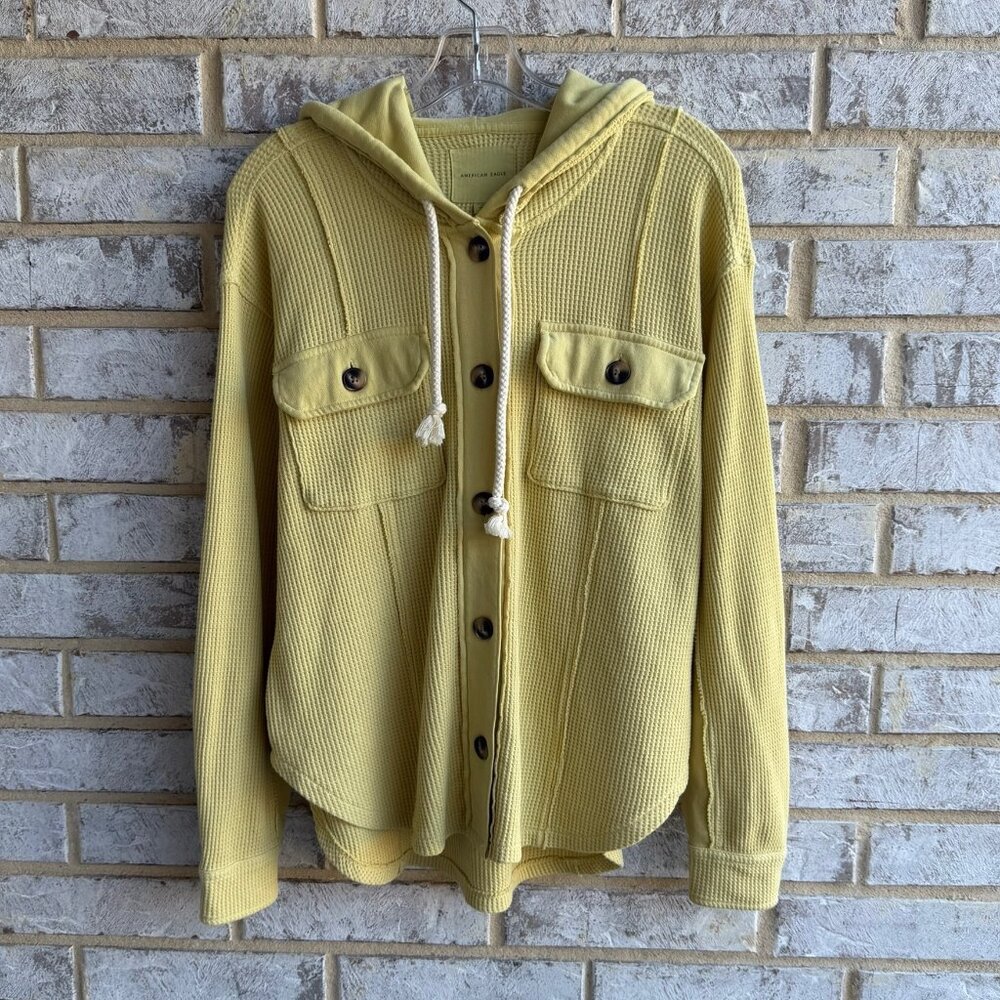 American Eagle Long Sleeve Button Front Hooded Waffle Knit Shirt Women's Size XS